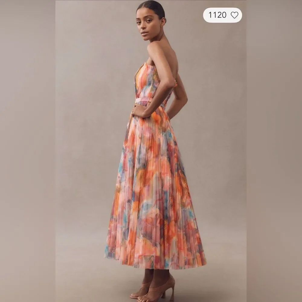 Anthropologie Hutch Strapless Belted Chiffon Floral Maxi Dress